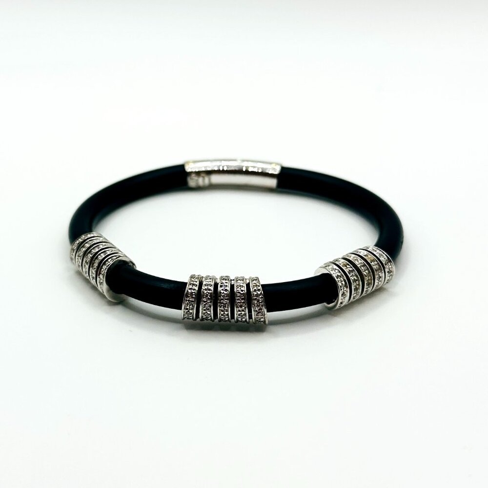 Black Rubber Bracelet w/ Diamond Accent Rings & Silver Clasp | Modern Style